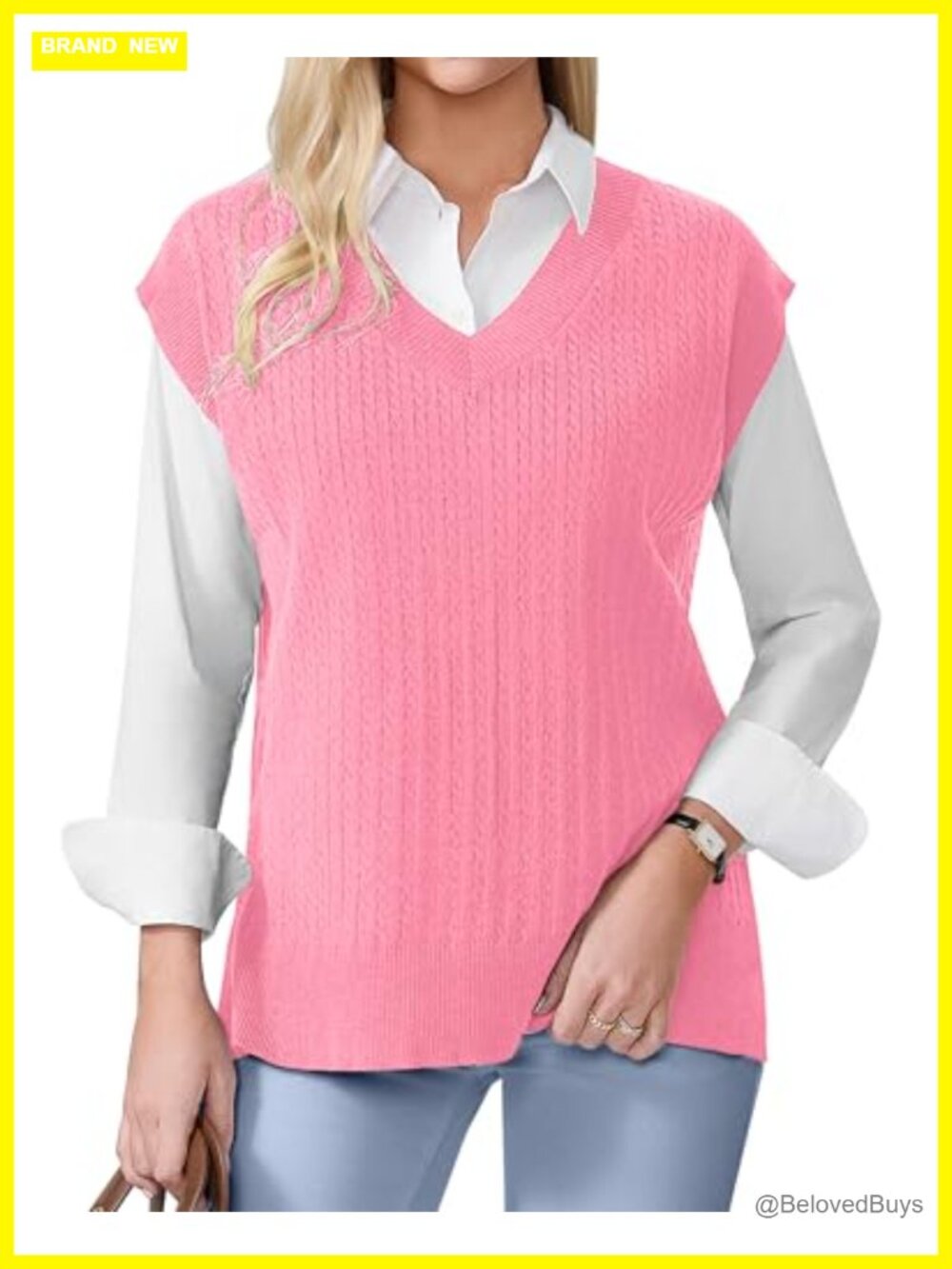 V Neck Sleeveless Cable Knit Oversized Sweater Vest Loose Fit